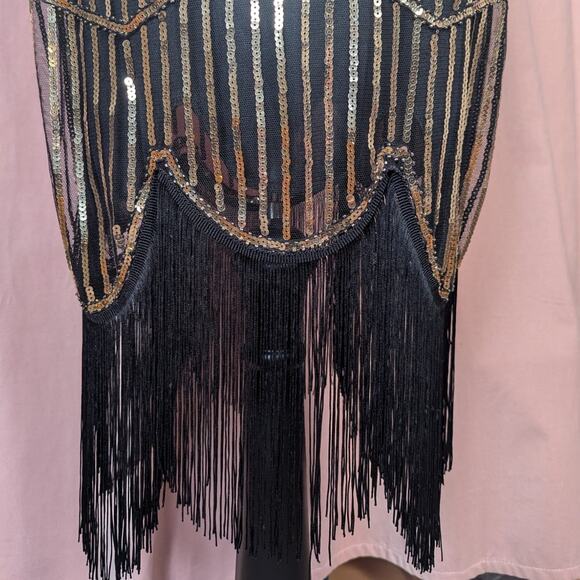 Retro Sequin Flapper Dress with Fringe Black and Gold Small - Picture 6 of 14